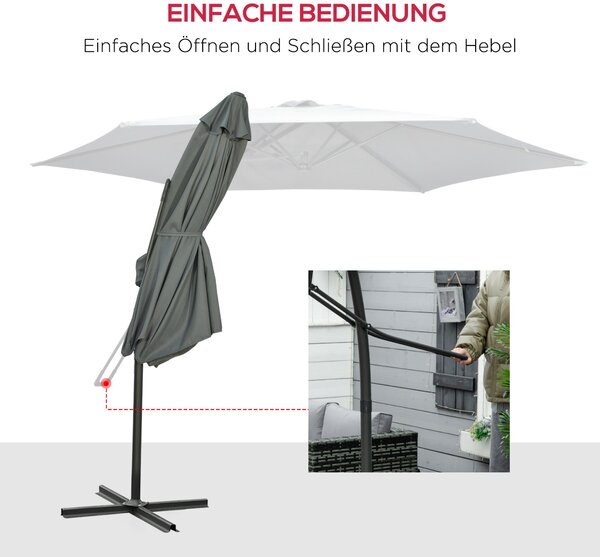 Outsunny odkloněný závěsný slunečník Ø 293 cm – boční páka, křížová podstava, voděodolný, větrací otvor, UV ochrana, tmavě šedý | Aosom