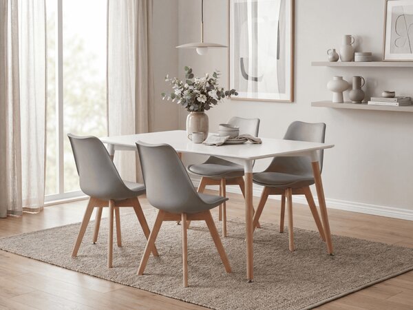 Jídelní set 1 + 4, bílý stůl ADRIA 120x80 cm + světle šedá židle BALI MARK s bukovými nohami