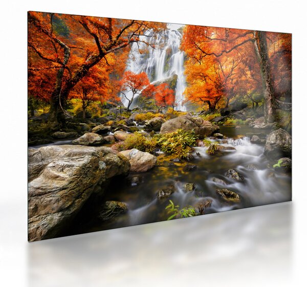 Skleněný obraz - Vodopády v oranžovém lese (70x50 cm)