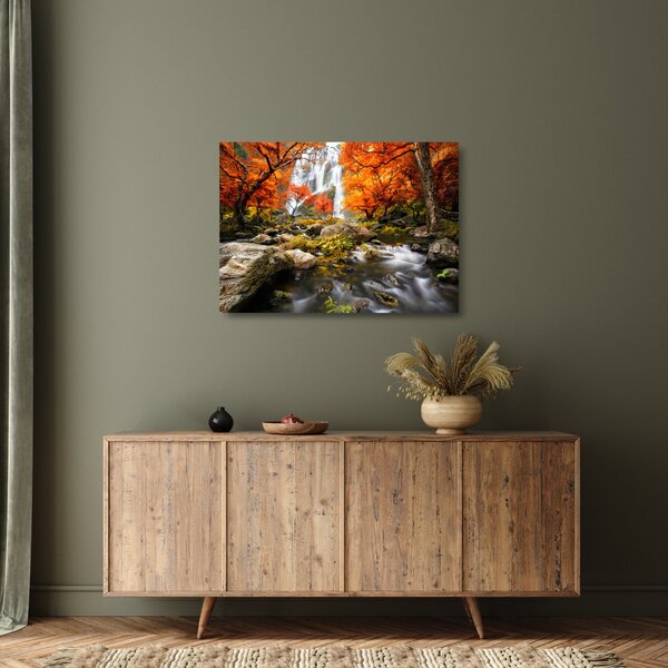 Skleněný obraz - Vodopády v oranžovém lese (70x50 cm)