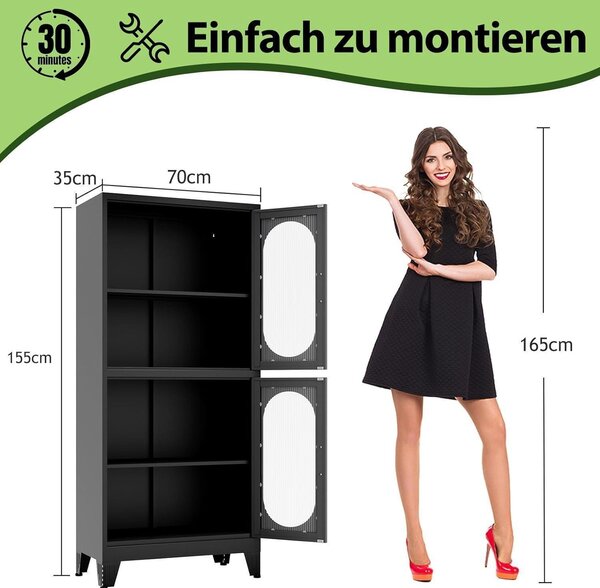 Kovová skříňka, výška 155 cm, černá, se 4 skleněnými dvířky a 2 policemi