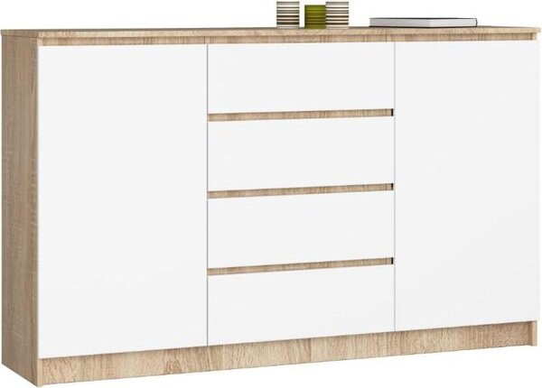 BDW, komoda se 4 zásuvkami, 160x40x99 cm, K160, dub Sonoma / bílá
