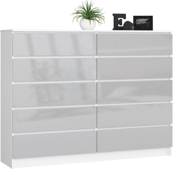 BDW, komoda s 10 zásuvkami, 160 × 40 × 121 cm, K160, bílá / edá vysoký lesk