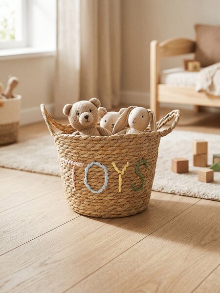 Sinsay - Pletený úložný koš s nápisem „Toys“ - béžová