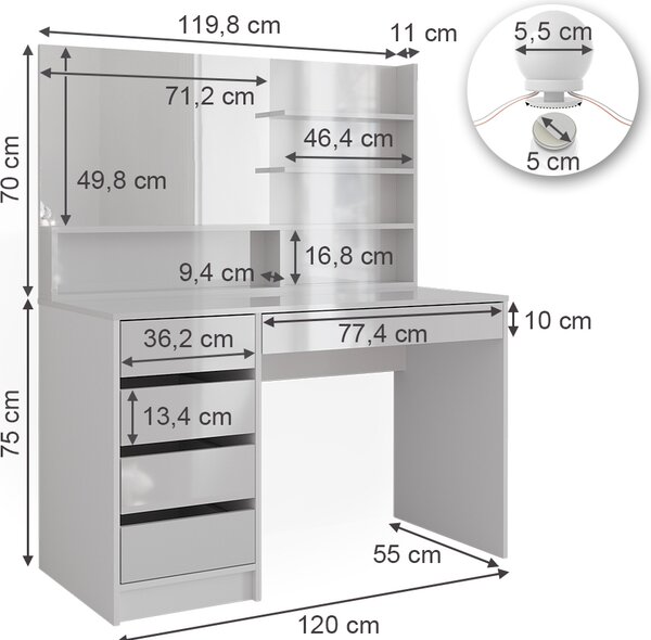 Toaletní stolek Vicco Sherry Bílá 120 cm s osvětlením LED a zrcadlovou policí, Model 41292