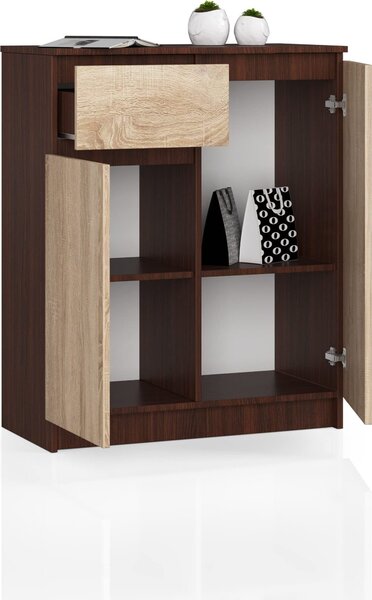 BDW, komoda s 1 zásuvkou a 2 dvíky, 80x99x40 cm, píborník, wenge - dub Sonoma