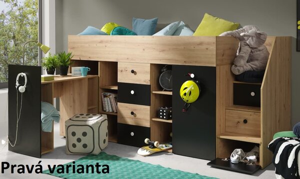 Zvýšená multifunkční postel Smart 3 Varianta: Pravá, Barevné provedení: Dub/černá + bílé úchyty