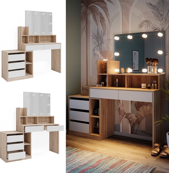 Toaletní stolek Vicco Anja Bílá/Sonoma 139.8 cm s osvětlením LED, Model 41330