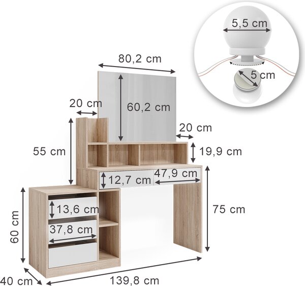 Toaletní stolek Vicco Anja Bílá/Sonoma 139.8 cm s osvětlením LED, Model 41330