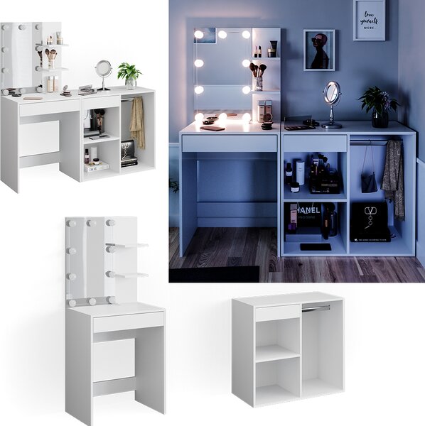 Toaletní stolek Vicco Isabelle Bílá 140 cm s LED osvětlením a skříní, Model 34449