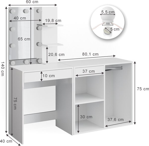 Toaletní stolek Vicco Isabelle Bílá 140 cm s LED osvětlením a skříní, Model 34449