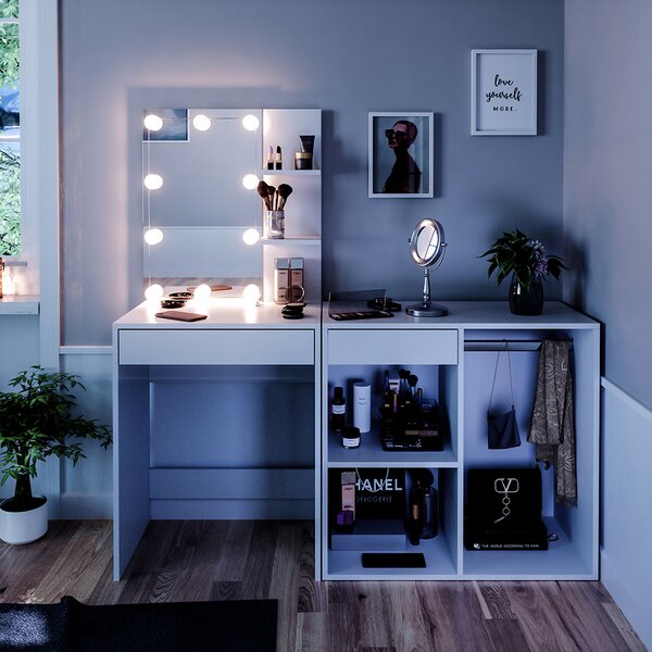 Toaletní stolek Vicco Isabelle Bílá 140 cm s LED osvětlením a skříní, Model 34449