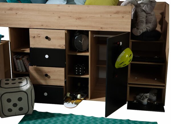 Zvýšená multifunkční postel Smart 3 Varianta: Pravá, Barevné provedení: Dub/černá + bílé úchyty
