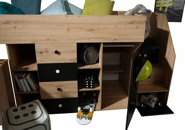 Zvýšená multifunkční postel Smart 3 Varianta: Pravá, Barevné provedení: Dub/černá + bílé úchyty