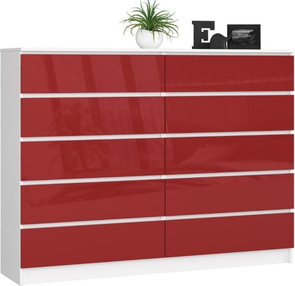 BDW, komoda s 10 zásuvkami, 160 × 40 × 121 cm, K160, bílá / ervená vysoký lesk