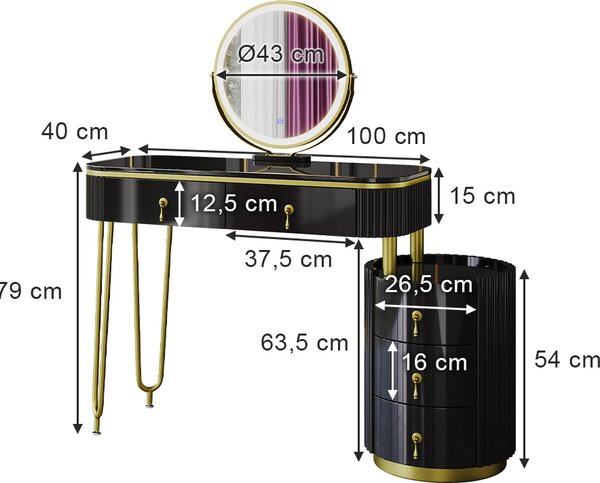 Toaletní stolek Vicco Charlène Černá 100 cm s LED zrcadlem, Model 40630