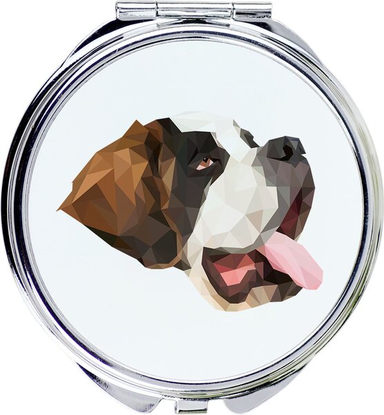 Zrcadlo s fotografií a geometrickým vzorem, zobrazující plemeno bernardýn, značky Art-Dog