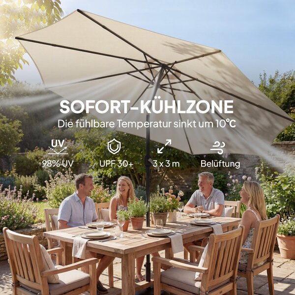 Outsunny nastavitelný náklon 2,95 m kulatý zatahovací balkonový/terasový slunečník s klikou, křížovou základnou a pískovým vakem — UPF 30+, krémově bí