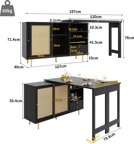 360° otočný barový stůl 107x40x71,4 cm s výsuvnou černou deskou, ratanovými dvířky a otevřenou policí pro kuchyň a jídelnu
