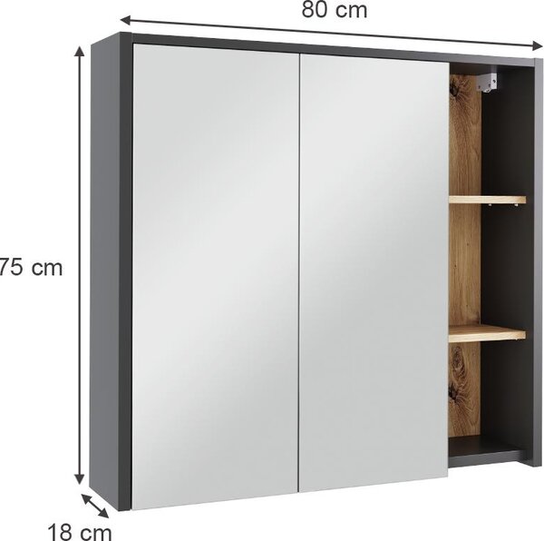 Skříňka se zrcadlem do koupelny Vicco Viola Grey/Artisan 80 x 75 cm s otevřenými policemi, Model 54861
