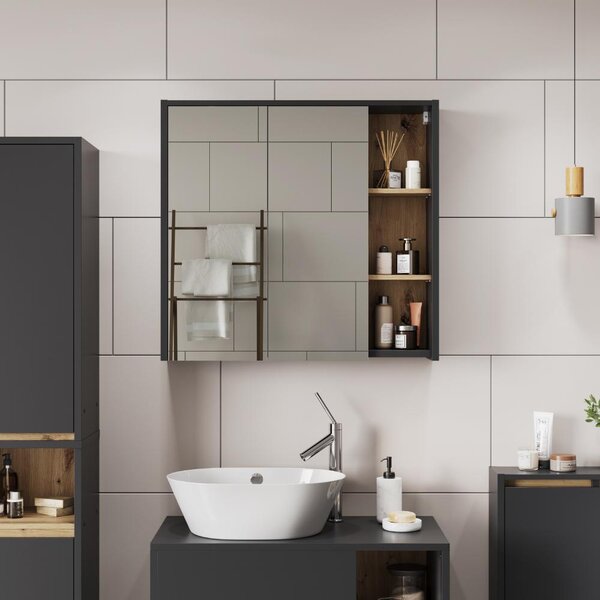 Skříňka se zrcadlem do koupelny Vicco Viola Grey/Artisan 80 x 75 cm s otevřenými policemi, Model 54861