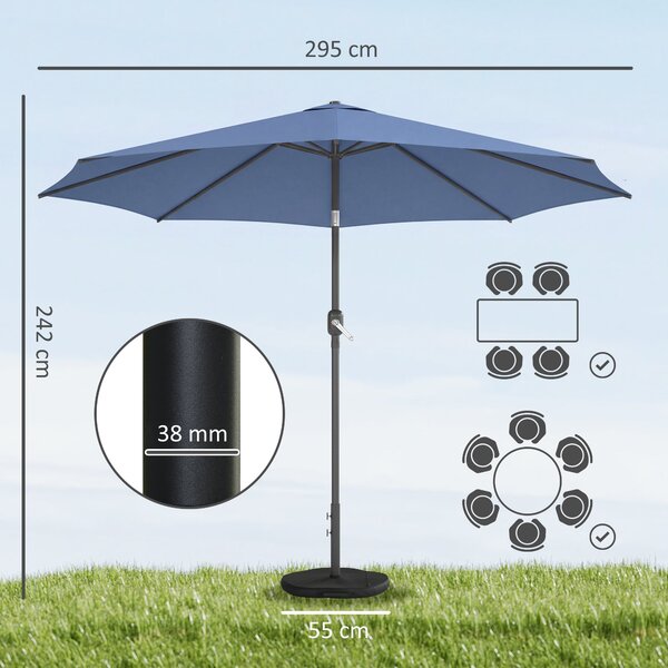 Outsunny slunečník Ø295 cm, UPF 30+, klikový a naklápěcí — modrý | Aosom
