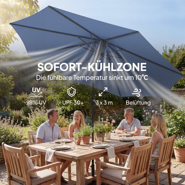 Outsunny slunečník Ø295 cm, UPF 30+, klikový a naklápěcí — modrý | Aosom