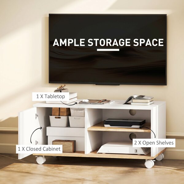 HOMCOM Rolling TV Stand with Cabinet, Cable Management & Adjustable Shelf, Fits TVs up to 32", White & Oak, 31.5 x 17.7 x 16.1 in | Aosom