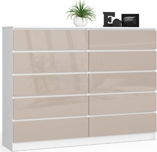 BDW, komoda s 10 zásuvkami, 160 × 40 × 121 cm, K160, bílá / cappuccino vysoký lesk