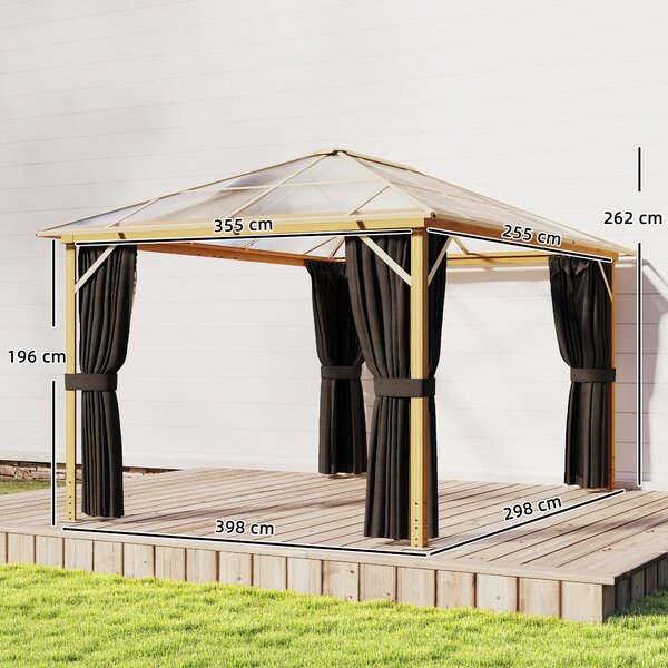 Outsunny pergola 4 × 3 m s pevnou polykarbonátovou střechou 6 mm, dřevodekor, síť proti hmyzu a 4 bočními závěsy — zimovzdorná pergola (přírodní dřevo