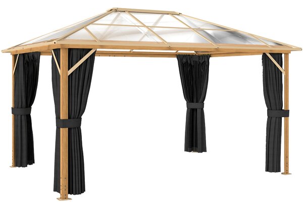 Outsunny pergola 4 × 3 m s pevnou polykarbonátovou střechou 6 mm, dřevodekor, síť proti hmyzu a 4 bočními závěsy — zimovzdorná pergola (přírodní dřevo