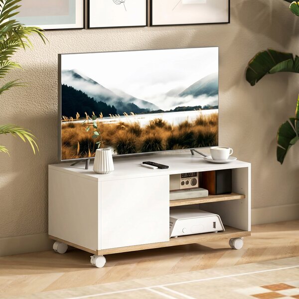 HOMCOM Rolling TV Stand with Cabinet, Cable Management & Adjustable Shelf, Fits TVs up to 32", White & Oak, 31.5 x 17.7 x 16.1 in | Aosom
