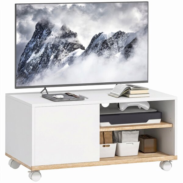 HOMCOM Rolling TV Stand with Cabinet, Cable Management & Adjustable Shelf, Fits TVs up to 32", White & Oak, 31.5 x 17.7 x 16.1 in | Aosom