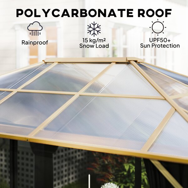 Outsunny pergola 4 × 3 m s pevnou polykarbonátovou střechou 6 mm, dřevodekor, síť proti hmyzu a 4 bočními závěsy — zimovzdorná pergola (přírodní dřevo