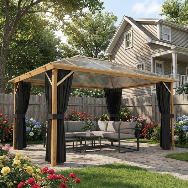 Outsunny pergola 4 × 3 m s pevnou polykarbonátovou střechou 6 mm, dřevodekor, síť proti hmyzu a 4 bočními závěsy — zimovzdorná pergola (přírodní dřevo