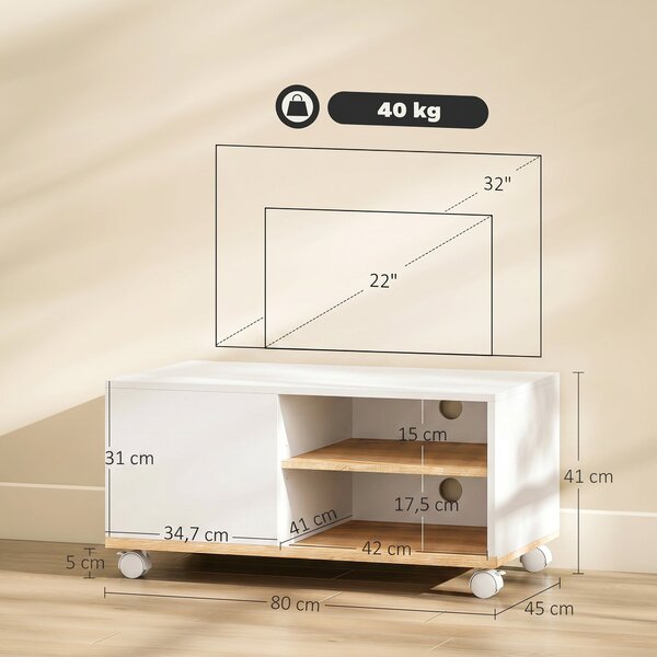 HOMCOM Rolling TV Stand with Cabinet, Cable Management & Adjustable Shelf, Fits TVs up to 32", White & Oak, 31.5 x 17.7 x 16.1 in | Aosom