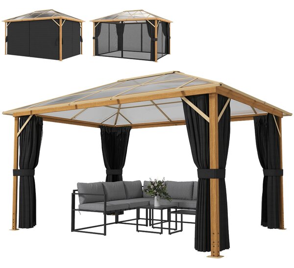 Outsunny pergola 4 × 3 m s pevnou polykarbonátovou střechou 6 mm, dřevodekor, síť proti hmyzu a 4 bočními závěsy — zimovzdorná pergola (přírodní dřevo