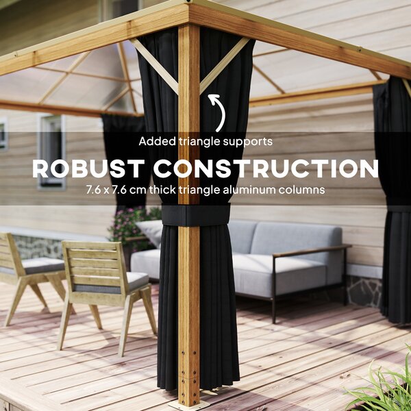 Outsunny pergola 4 × 3 m s pevnou polykarbonátovou střechou 6 mm, dřevodekor, síť proti hmyzu a 4 bočními závěsy — zimovzdorná pergola (přírodní dřevo