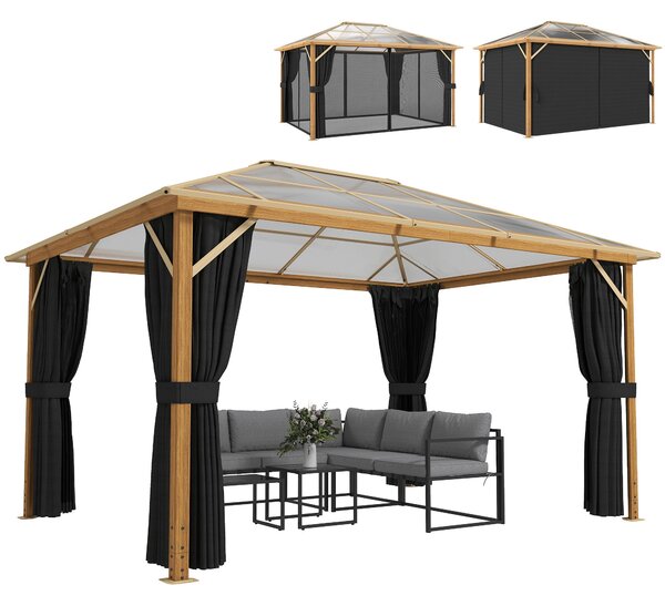 Outsunny pergola 4 × 3 m s pevnou polykarbonátovou střechou 6 mm, dřevodekor, síť proti hmyzu a 4 bočními závěsy — zimovzdorná pergola (přírodní dřevo