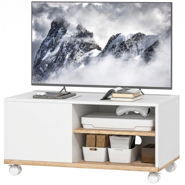 HOMCOM Rolling TV Stand with Cabinet, Cable Management & Adjustable Shelf, Fits TVs up to 32", White & Oak, 31.5 x 17.7 x 16.1 in | Aosom