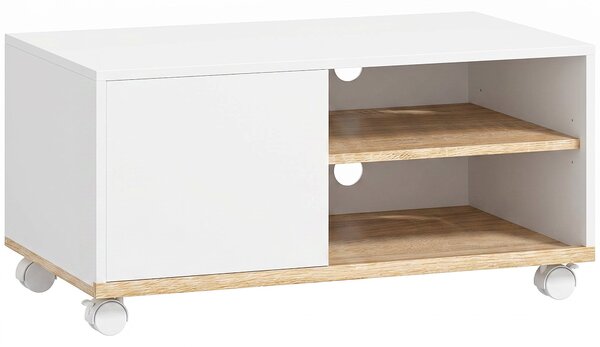 HOMCOM Rolling TV Stand with Cabinet, Cable Management & Adjustable Shelf, Fits TVs up to 32", White & Oak, 31.5 x 17.7 x 16.1 in | Aosom