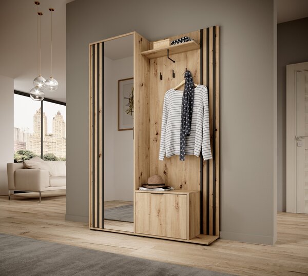 Šatní skříň Norris (dub artisan + černá). Akce -20%