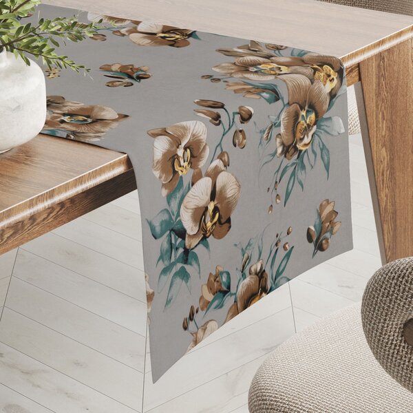 Biante Bavlněný běhoun na stůl Sandra SA-622 Hnědé orchideje na šedém 20x120 cm