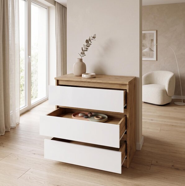 Moderní komoda se 3 zásuvkami | Bílá pídavná skíka | Komoda se zásuvkami 70 x 74,5 x 40 cm | Do lonice, obývacího pokoje a pedsín, Wotan/bílá
