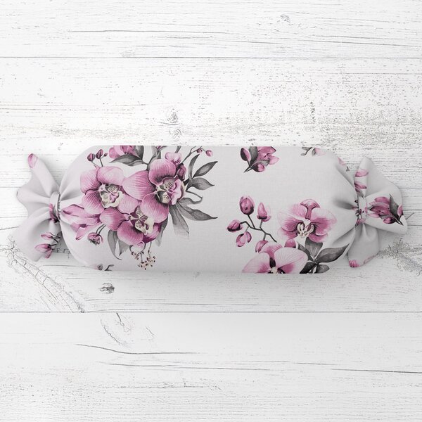 Biante Polštář válec bonbon Sandra SA-623 Lila orchideje na bílém 15x40 cm