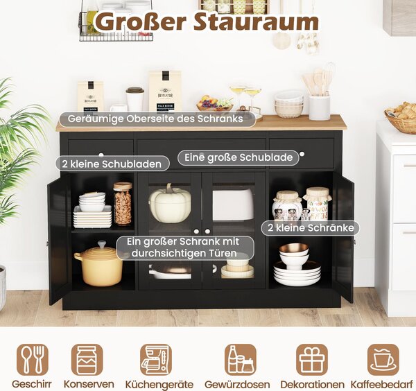 COSTWAY Sideboard, 140 cm, kuchyňská skříňka se 3 zásuvkami, 2 skleněnými dvířky a nastavitelnými policemi, bufetová skříňka, kuchyňský bufet ve venkovském stylu, dřevo, černá