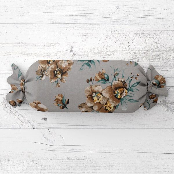 Biante Polštář válec bonbon Sandra SA-622 Hnědé orchideje na šedém 15x40 cm