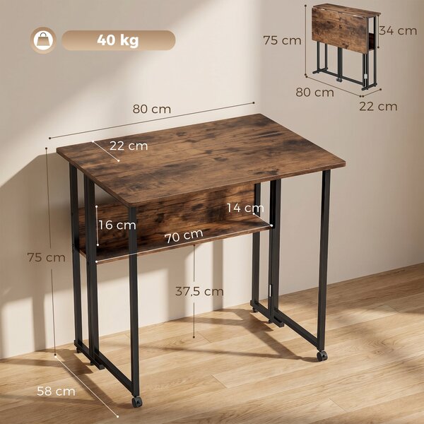 HOMCOM skládací psací stůl s policí, 80 x 58 cm — průmyslový stůl na kolečkách, snadná montáž, rustikální hnědá | Aosom
