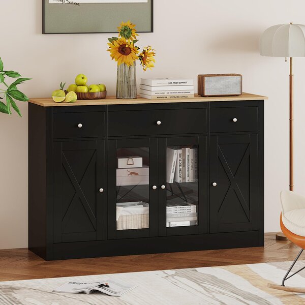 COSTWAY Sideboard, 140 cm, kuchyňská skříňka se 3 zásuvkami, 2 skleněnými dvířky a nastavitelnými policemi, bufetová skříňka, kuchyňský bufet ve venkovském stylu, dřevo, černá