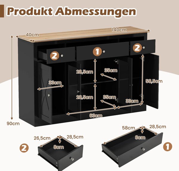 COSTWAY Sideboard, 140 cm, kuchyňská skříňka se 3 zásuvkami, 2 skleněnými dvířky a nastavitelnými policemi, bufetová skříňka, kuchyňský bufet ve venkovském stylu, dřevo, černá
